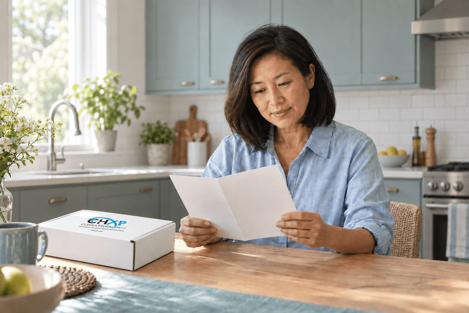 A person reading a leaflet beside a closed C4HXP box in a kitchen.
