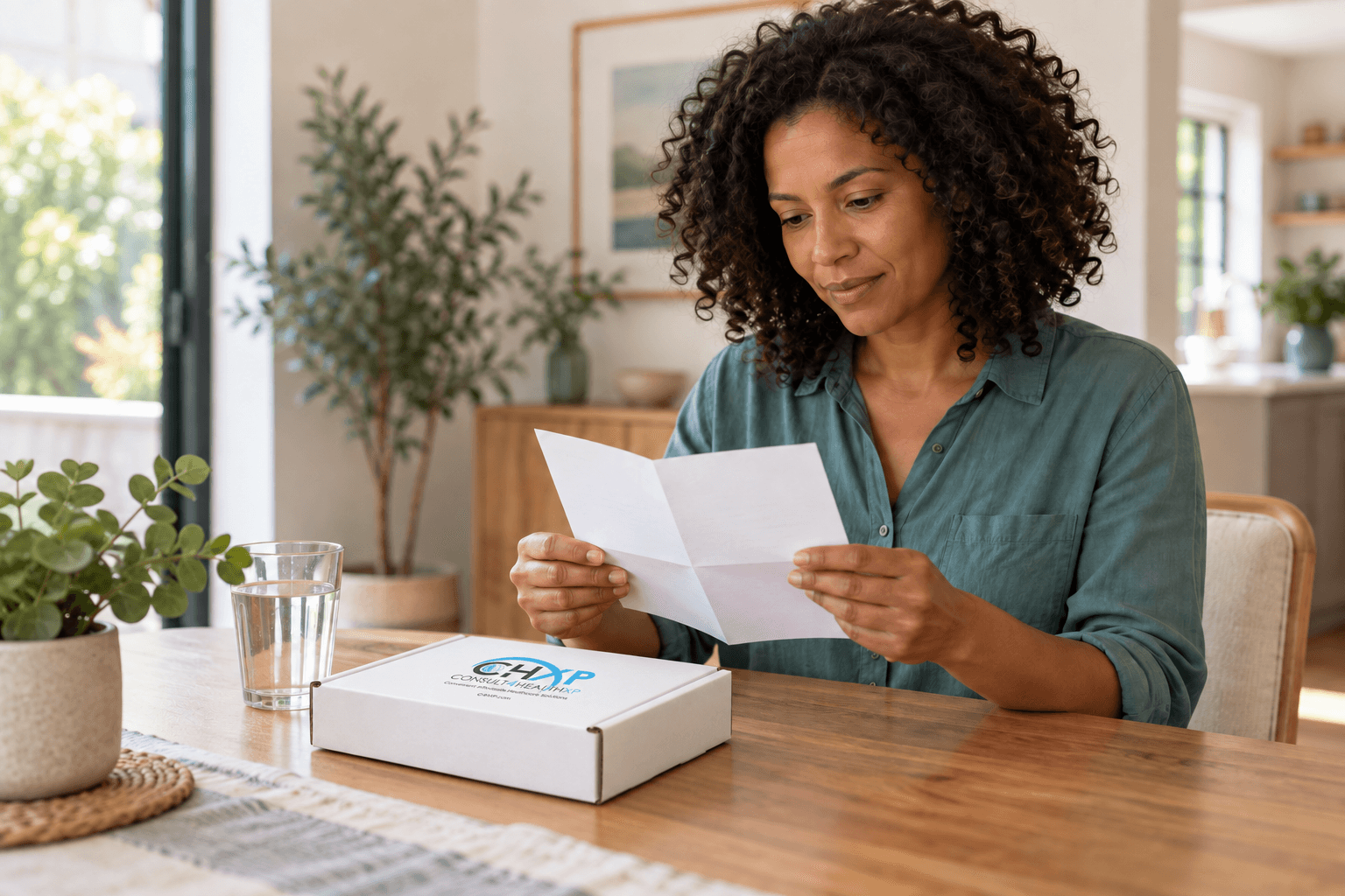 A person reading a leaflet beside a closed C4HXP box at a table at home.