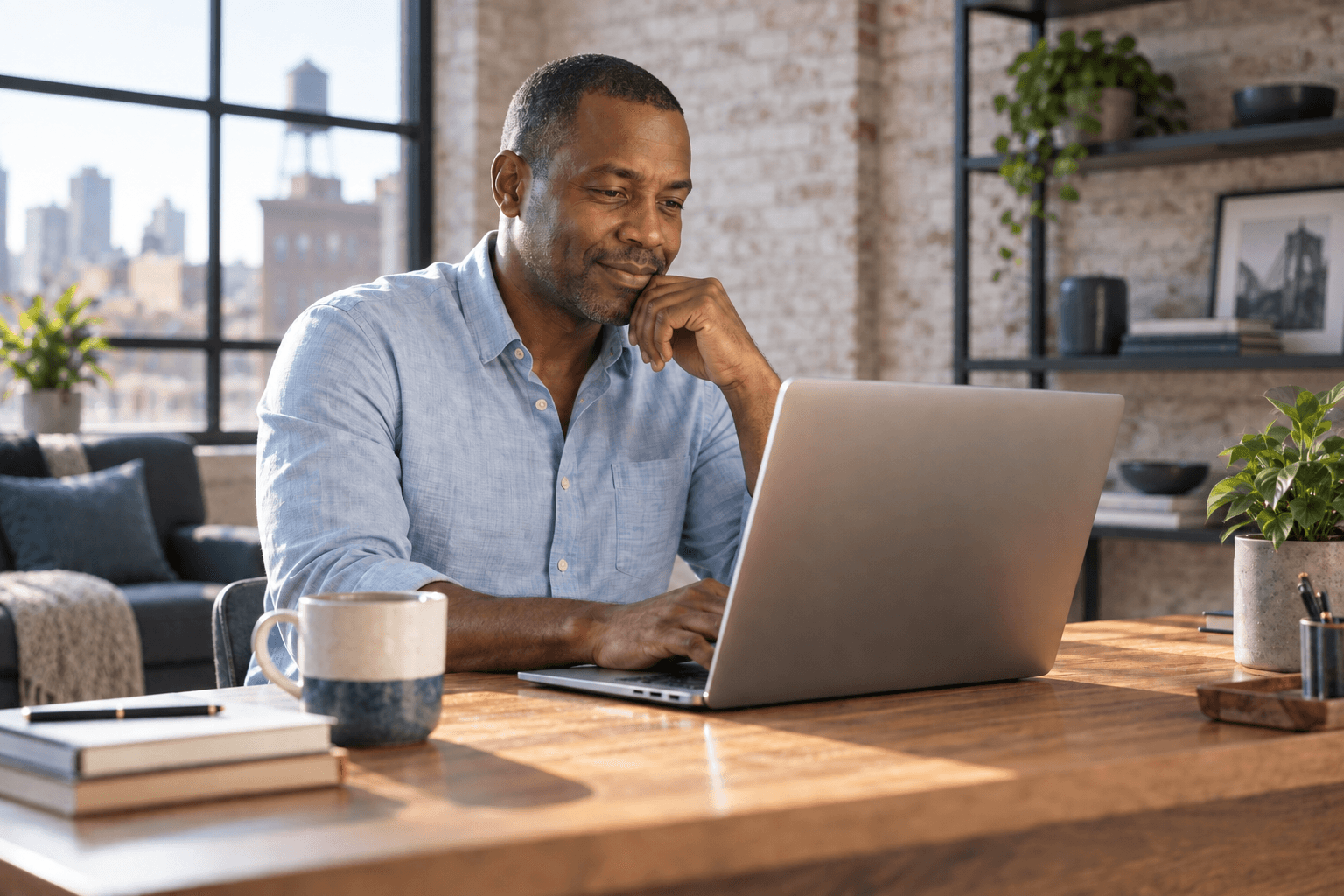 A person using a laptop at a sunlit desk at home.