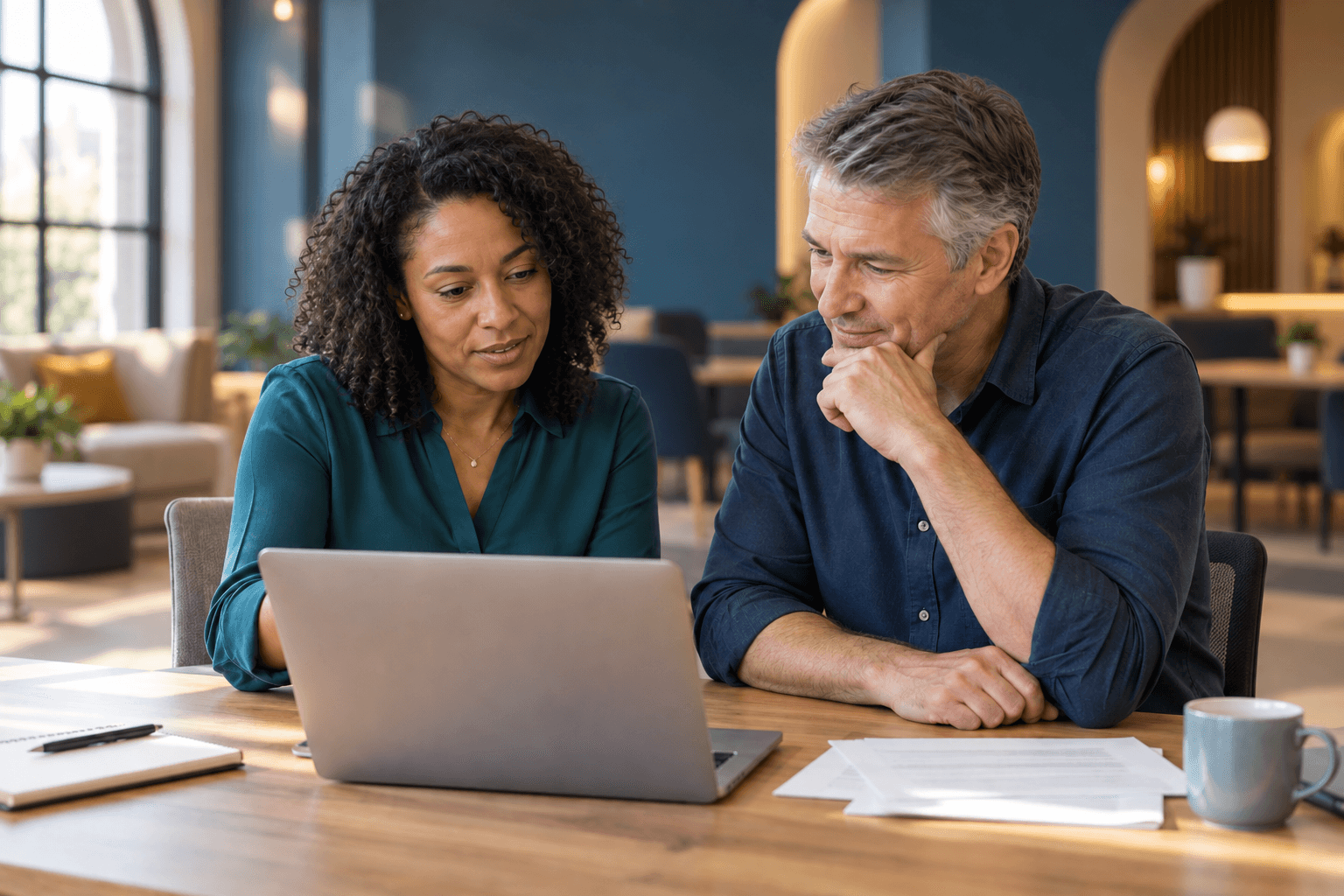 Two colleagues discussing work at a laptop in a coworking lounge.