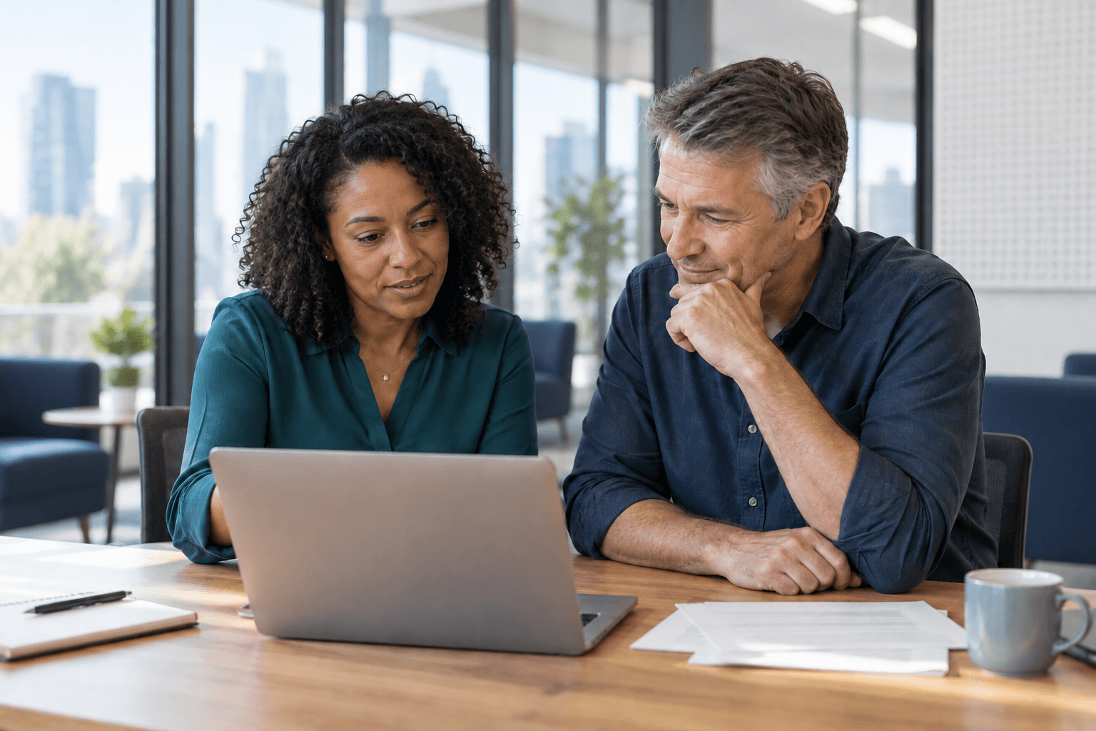 Two colleagues discussing work together at a laptop in an office.