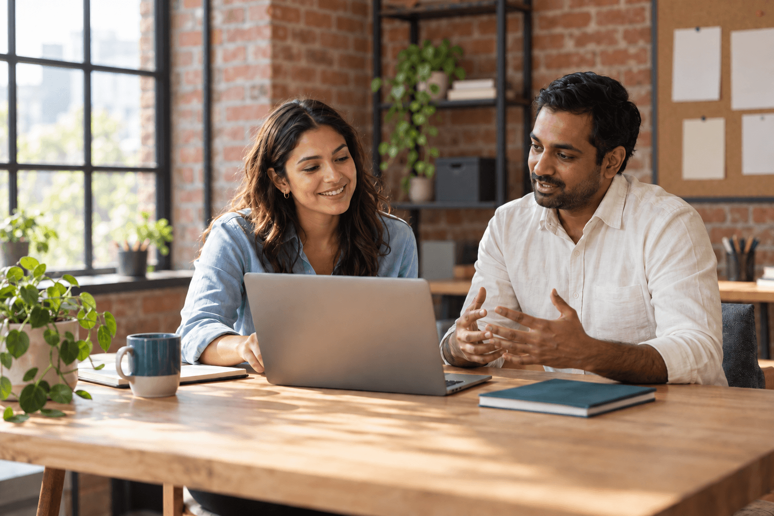 Two colleagues planning a website together at a laptop.